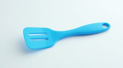A single blue kitchen spatula is placed on a clean white surface, with vibrant lighting that enhances the colors and creates a fresh, appealing look.