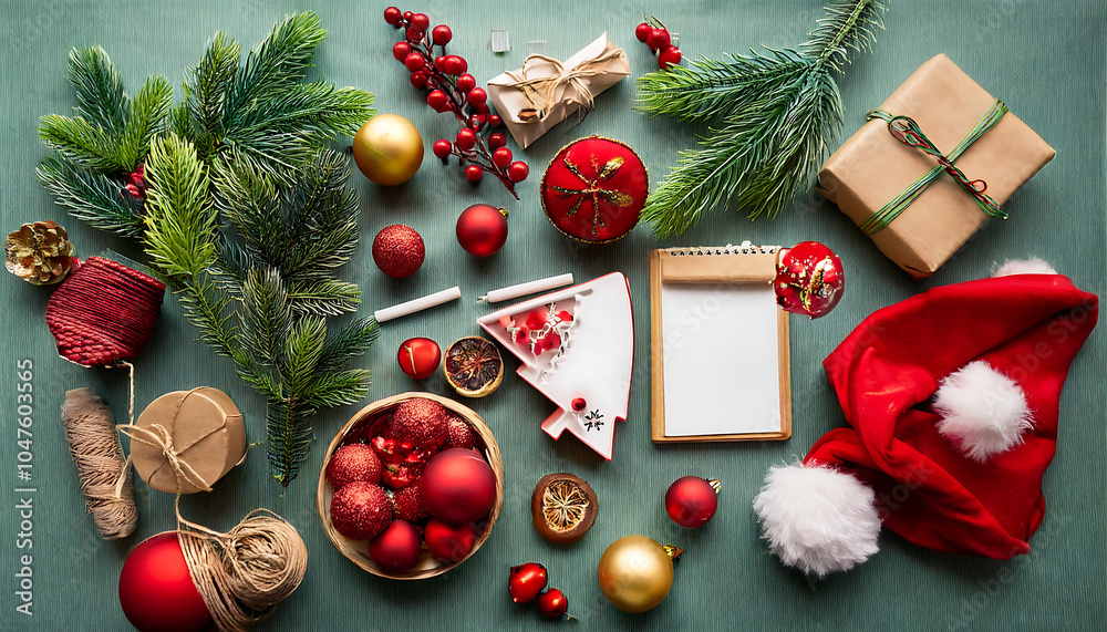Aufkleber flat lay of christmas decorations with festive items for a happy new year display setup out_1(309)