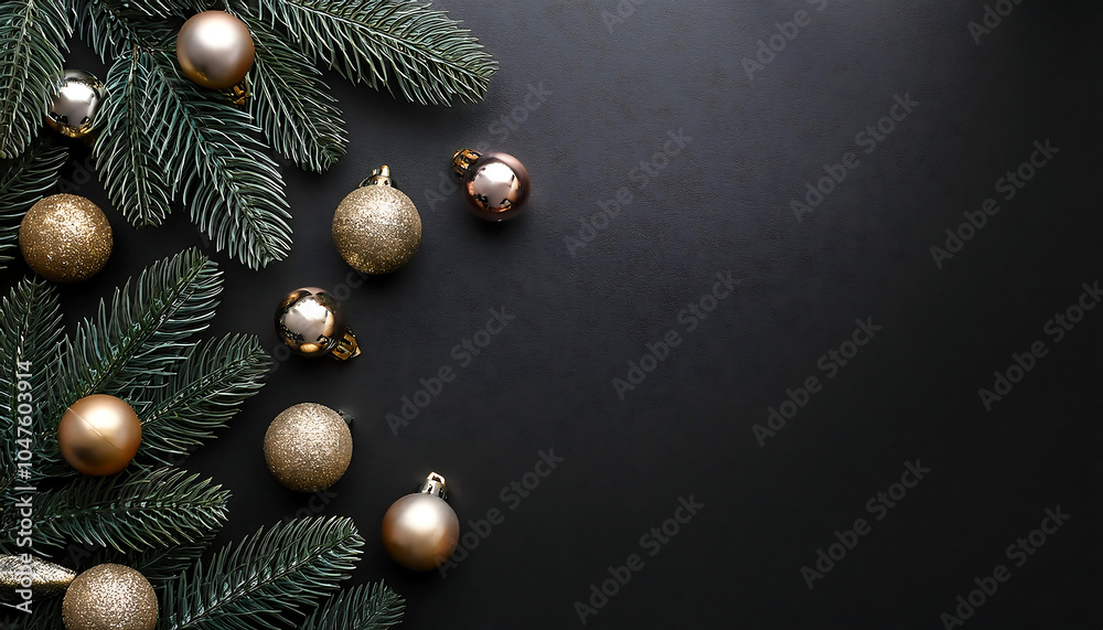 Poster Flat lay image features black Christmas background with fir tree and holiday decorations in_1(306)