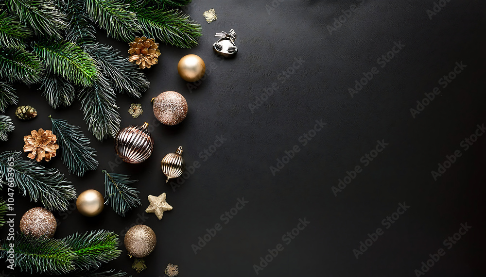 Poster Flat lay image features black Christmas background with fir tree and holiday decorations in_1(305)