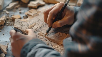 Obraz premium A team member meticulously sketches the intricate details of a pottery shard found during excavation capturing a moment frozen in time.