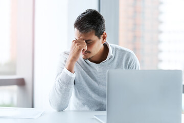 Businessman, headache and eye strain with stress, injury or burnout from mistake or anxiety in...