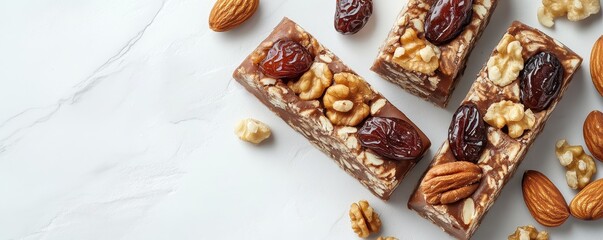Fototapeta premium Delicious assortment of nut and fruit bars garnished with almonds, walnuts, and raisins on a light background.