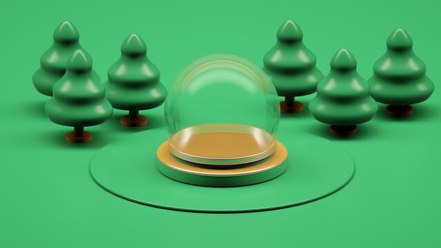 Illustration, 3d rendering, Christmas snow globe, Christmas background, new year, 2025, card, colored, red, green, gold, abstract background, Christmas tree, plastic, toy