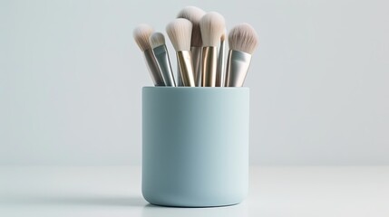 A light blue cylindrical brush holder with makeup brushes inside