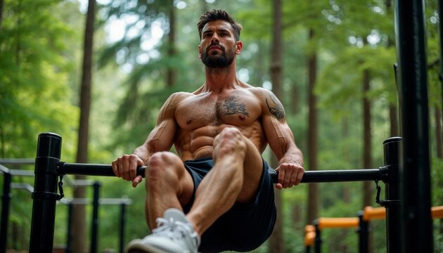 Man performing intense calisthenics workout on parallel bars in the park