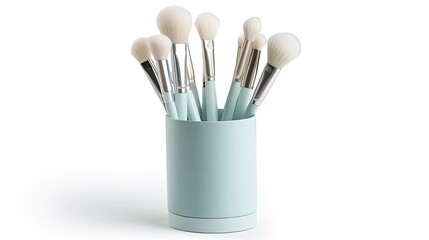 Fototapeta premium a makeup brush set in an isolated pastel blue cylinder