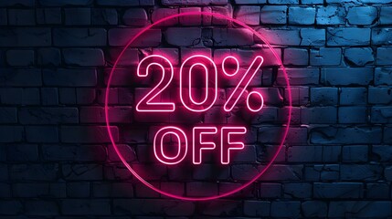 Obraz premium Pink Neon '20% OFF' Sign on a Brick Wall