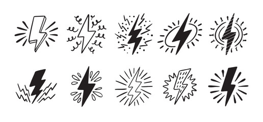 Hand drawn doodle electric lightning symbol sketch set. sparkling emblem. thunder single icons
