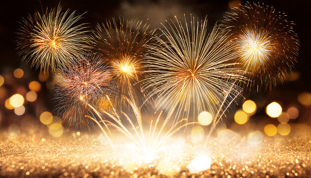 Fireworks illuminate abstract gold and silver backgrounds on holiday nights with bokeh and _1(301)