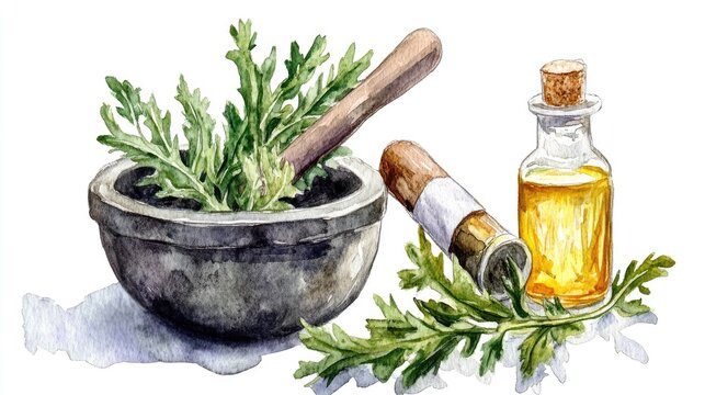 Aromatic Wormwood Herb - Hand-drawn Watercolor Illustration for Herbal Medicine