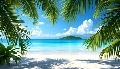 Sandy tropical beach with island in the background. Blurred background of a beautiful white sandy beach with palm trees and blue ocean water. Summer vacation concept banner with copy space.