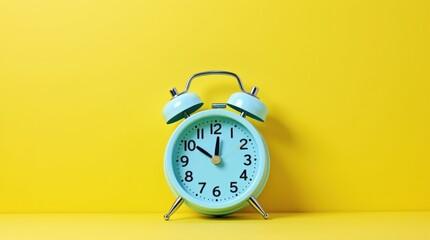 A pastel blue alarm clock with bold black numbers is set against a contrasting bright yellow backdrop, creating a cheerful and eye-catching display.
