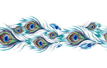 Obraz premium Peacock feathers on a bright white background. Seamless border, pattern, set. Watercolor hand-painted illustration. Feathers of forest birds, pheasant, cuckoo, turkey in boho style.