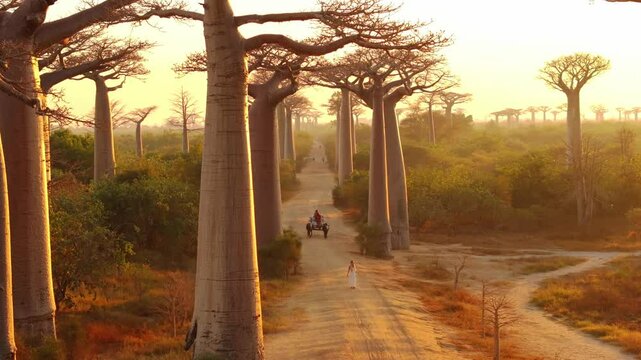 Aerial view of a young beautiful woman in a white dress enjoying a beautiful sunset while walking on a dirt road in the avenue of baobabs, Madagascar