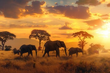 Elephants wander through the savanna as the sun sets, painting the sky in vibrant hues while highlighting their majestic figures. Generative AI