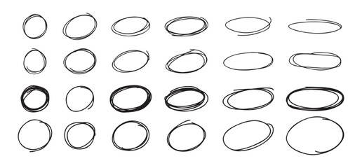 Highlight oval circle hand drawn doodle frames. Free pencil round lines. Round brush mark.