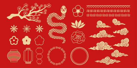 Traditional elements for decoration in Chinese style. Ornament. Chinese lanterns, frames, year of the snake, clouds, flowers. Trendy modern design. Line art. Japanese. Shapes . Chinese New Year. 