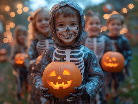Children in Skeleton Costumes Holding Jack-o'-Lanterns at a Halloween Party