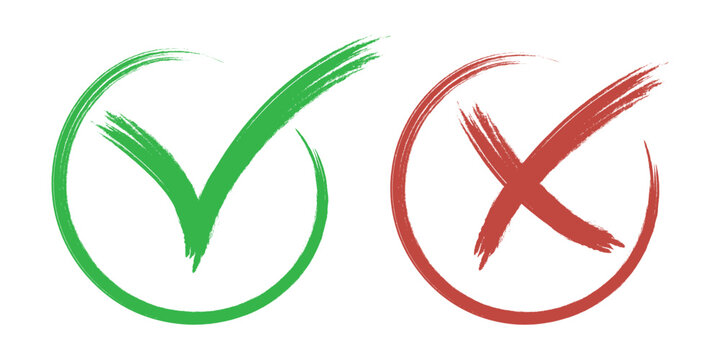 Tick and cross signs. False and true, right and wrong. Correct and incorrect, accept and reject. Scribbles grunge graphitti brush. Tick OK and X cross.