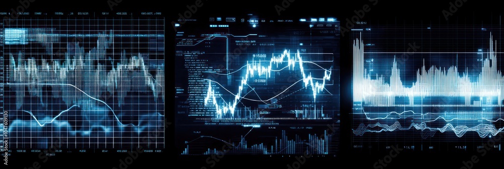 Poster blue and white digital graphs and charts on a black background