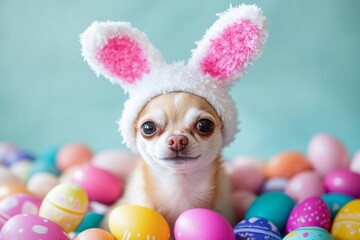 Cute chihuahua in bunny ears among colorful easter eggs