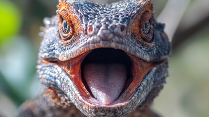 Fototapeta premium A lizard with an open mouth and red tongue