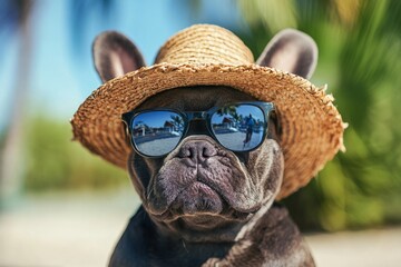 French bulldog in sunglasses and straw hat enjoying a tropical beach day