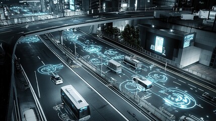 A futuristic city scene featuring illuminated roads with digital patterns and vehicles, showcasing advanced technology and urban infrastructure.