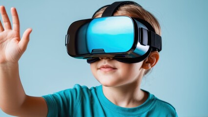 A young child explores virtual reality, fully immersed in a playful digital environment using a VR headset.