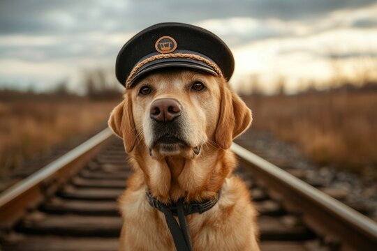 Adorable golden retriever dog in train conductor hat on railroad tracks at sunset