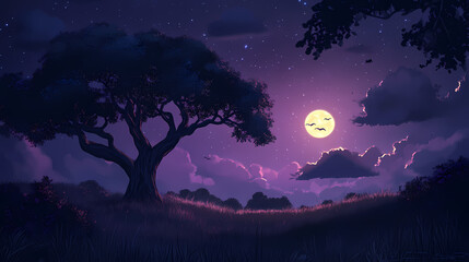 Dark adventure in an african savanna on halloween night. Savanna Night Sky. Illustration