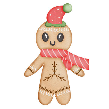 gingerbread man wearing christmas hat and scarf clip art preview