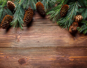 Fir branches and pine cones on a wooden winter background are often used in Christmas and N_1(281)