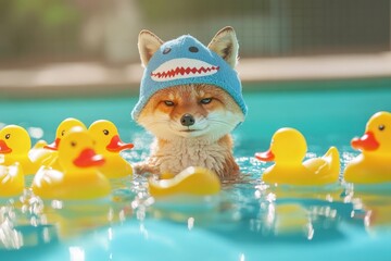 Playful fox in shark hat enjoys a relaxing swim with rubber ducks