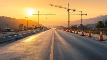 A tranquil construction site at sunset, featuring a wide road and towering cranes amidst an orange-hued sky.