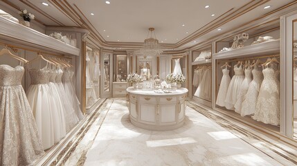 A luxurious bridal boutique with white wedding dresses hanging on racks.