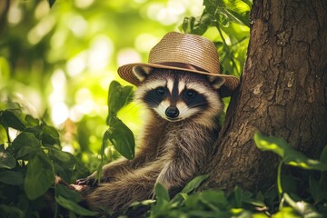 Fototapeta premium Adorable raccoon with straw hat relaxing by a tree in lush greenery