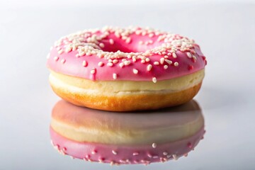 sweet dessert with pink, white, and cream icing on a reflective white background