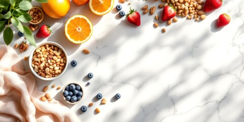 Sugar-free health trend: fresh fruits and nuts on white marble for nutrition and wellness