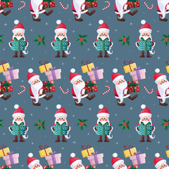 Seamless pattern depicting Santa Claus with gifts on a blue background. Vector illustration