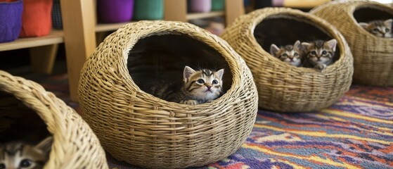 Curious kittens peeking out from cozy baskets scattered around a pet adoption center with soft carpets enhancing comfort and warmth