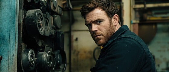 Caucasian engineer adjusting valves on heavy machinery, ensuring optimal performance in an industrial plant, displaying technical mastery and problem-solving abilities