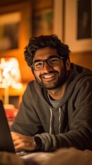 Fototapeta premium Happy Indian male student at night, leaning forward with enthusiasm while checking his university acceptance result on a laptop screen in his room