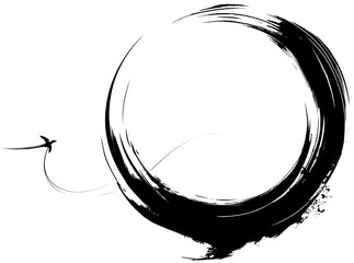 Black ink brush strokes and drops naturally form a circle, an abstract bird at the side, The Ink texture is inspired by traditional Asian calligraphy