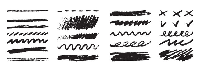 Grunge lines, hand drawn Rough strokes. Texture charcoal or pencil drawing. Crayon scribbles set. 
