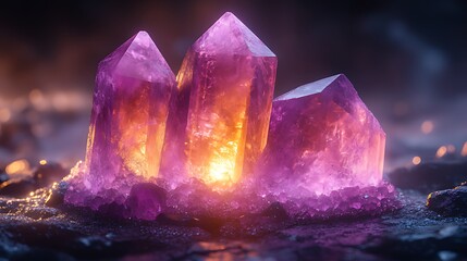Four glowing purple crystals sit on a bed of rough rocks with a golden glow.