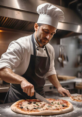 cook cuts pizza, in pizzeria