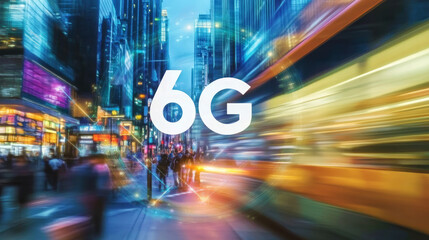 A blurred cityscape with vibrant colors and bustling people, featuring the text "6G" in large white letters