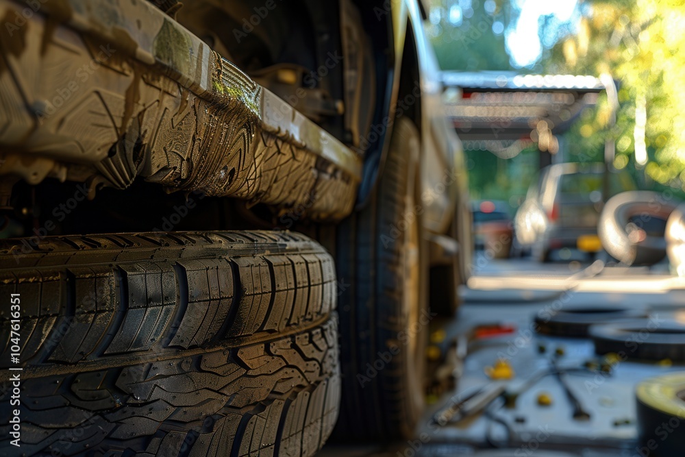 Poster a mechanic is engaged in changing the tires of a muddy car, surrounded by tools and spare tires in t